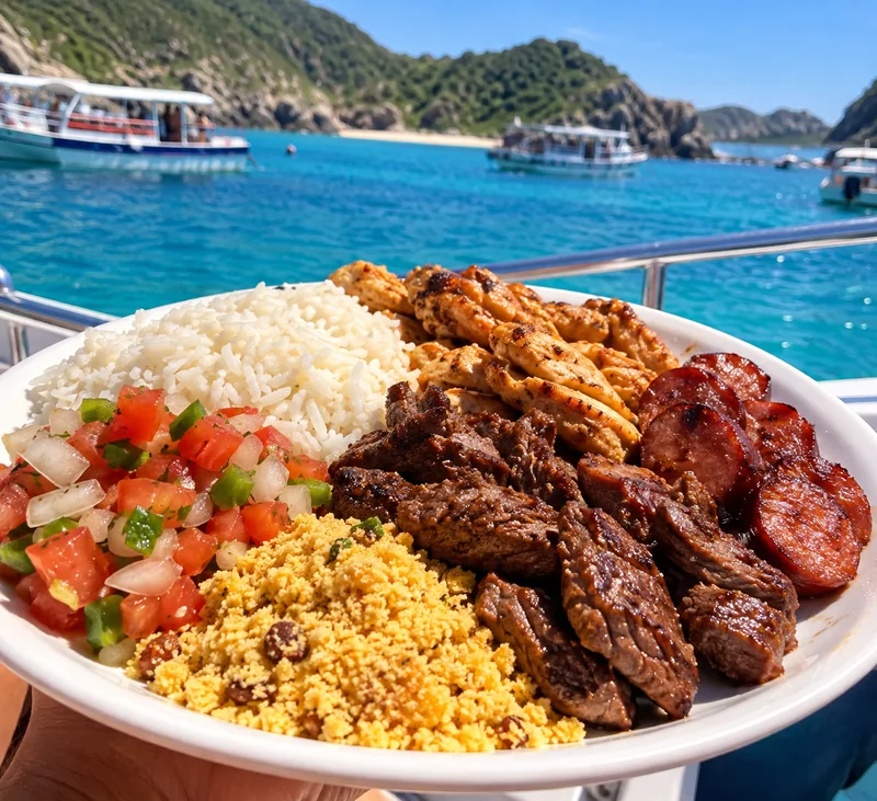 Prato de almoço com arroz, farofa, vinagrete e carnes servido a bordo, com o mar de Arraial ao fundo